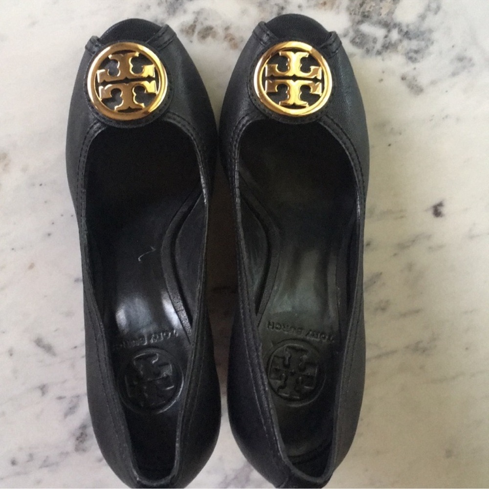 Tory Burch Black Leather Peep Toe Wedges